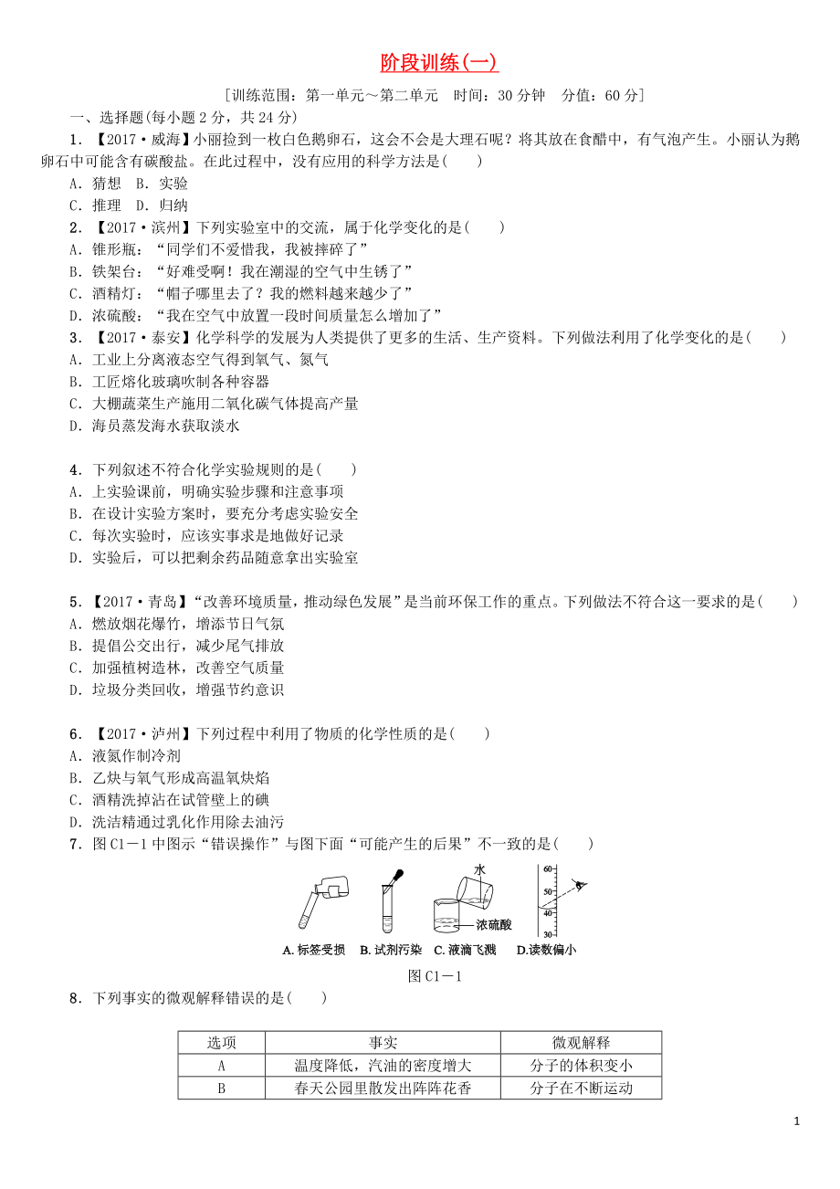 2018版中考化學(xué)復(fù)習(xí)方案 階段訓(xùn)練（一）練習(xí) （新版）魯教版_第1頁