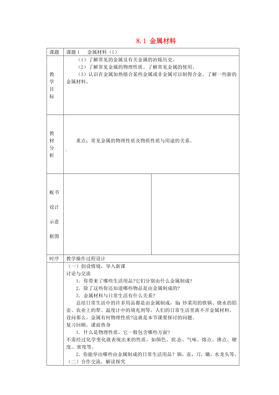 湖南省長沙市雨花區(qū)井灣子中學九年級化學下冊 8.1 金屬材料教案1 新人教版_第1頁