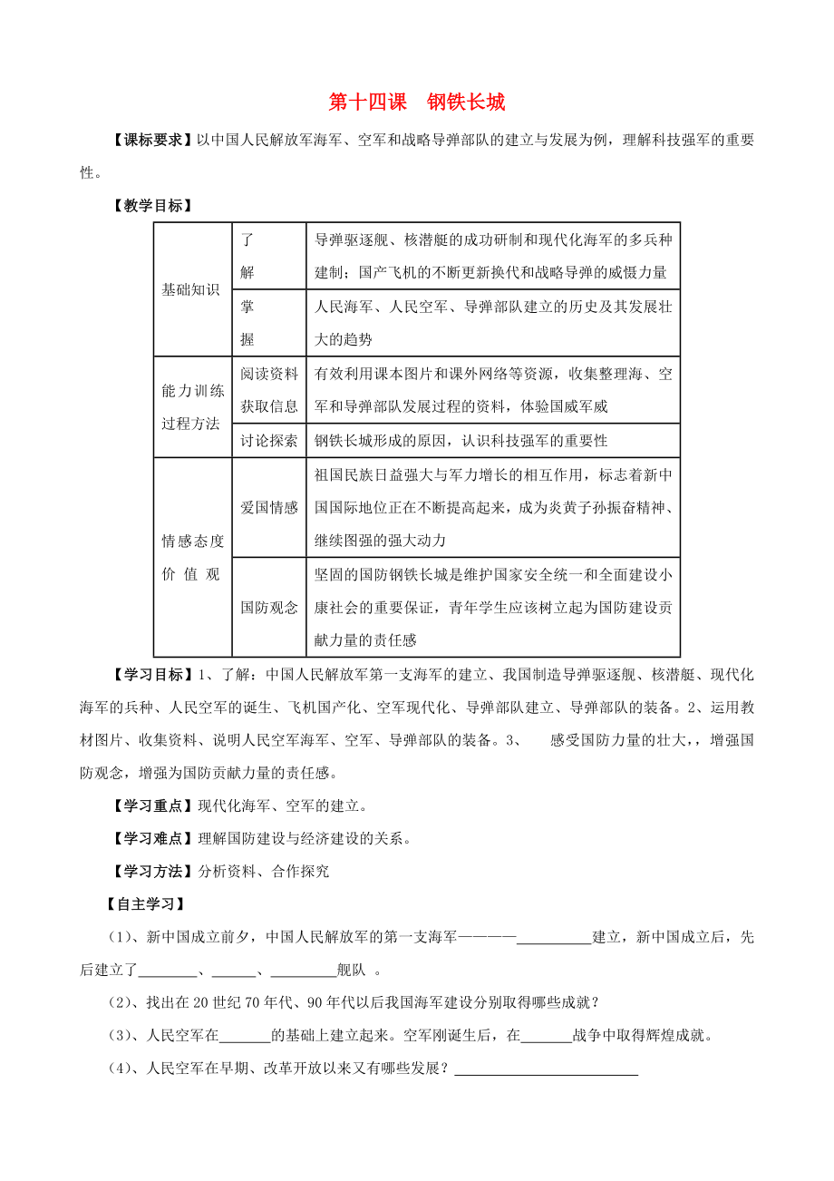 江蘇省無(wú)錫羊尖高級(jí)中學(xué)2020學(xué)年八年級(jí)歷史下冊(cè) 14 鋼鐵長(zhǎng)城導(dǎo)學(xué)案（無(wú)答案） 新人教版_第1頁(yè)