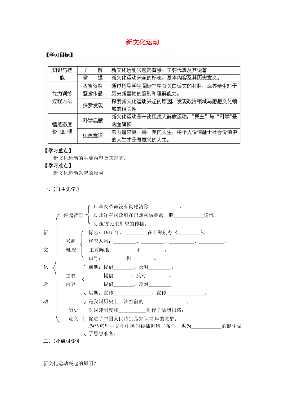 江蘇省徐州市沛縣楊屯中學八年級歷史上冊 第二學習主題 第4課 新文化運動學案（無答案） 川教版_第1頁