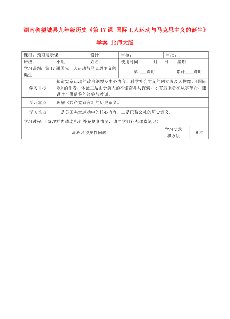 湖南省望城县九年级历史《第17课 国际工人运动与马克思主义的诞生》学案（无答案） 北师大版_第1页