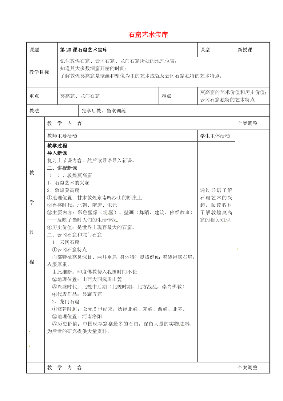 江苏省新沂市第二中学七年级历史下册 第20课石窟艺术宝库教案 川教版_第1页