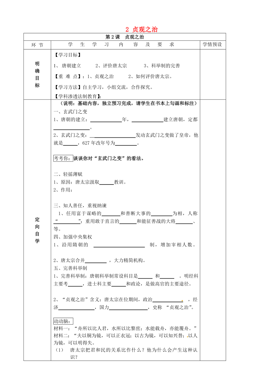 貴州省六盤水市第十三中學(xué)七年級(jí)歷史下冊(cè) 第五單元 2 貞觀之治導(dǎo)學(xué)案（無答案） 岳麓版_第1頁(yè)