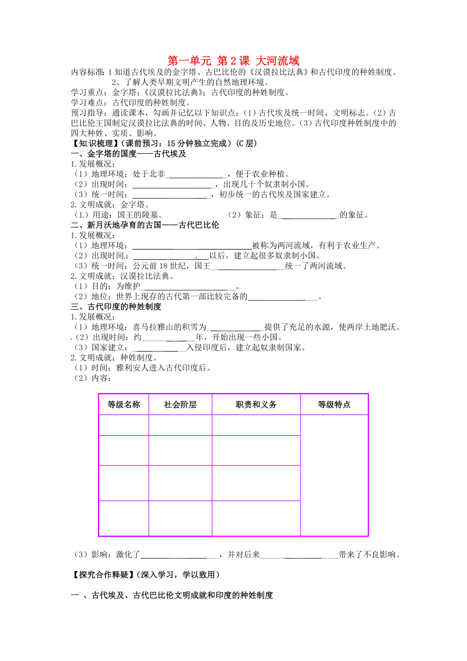 海南省?？谑械谑闹袑W(xué)九年級歷史上冊 第一單元 第2課 大河流域?qū)W(xué)案（無答案） 新人教版_第1頁