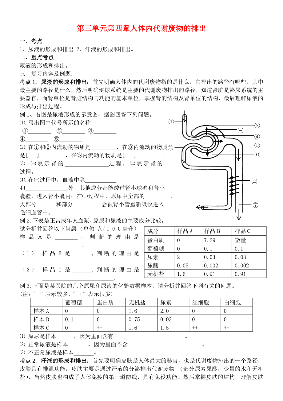 2020七年級生物下冊 第3單元 第4章 人體內(nèi)代謝廢物的排出復(fù)習(xí)學(xué)案（無答案） 濟南版_第1頁