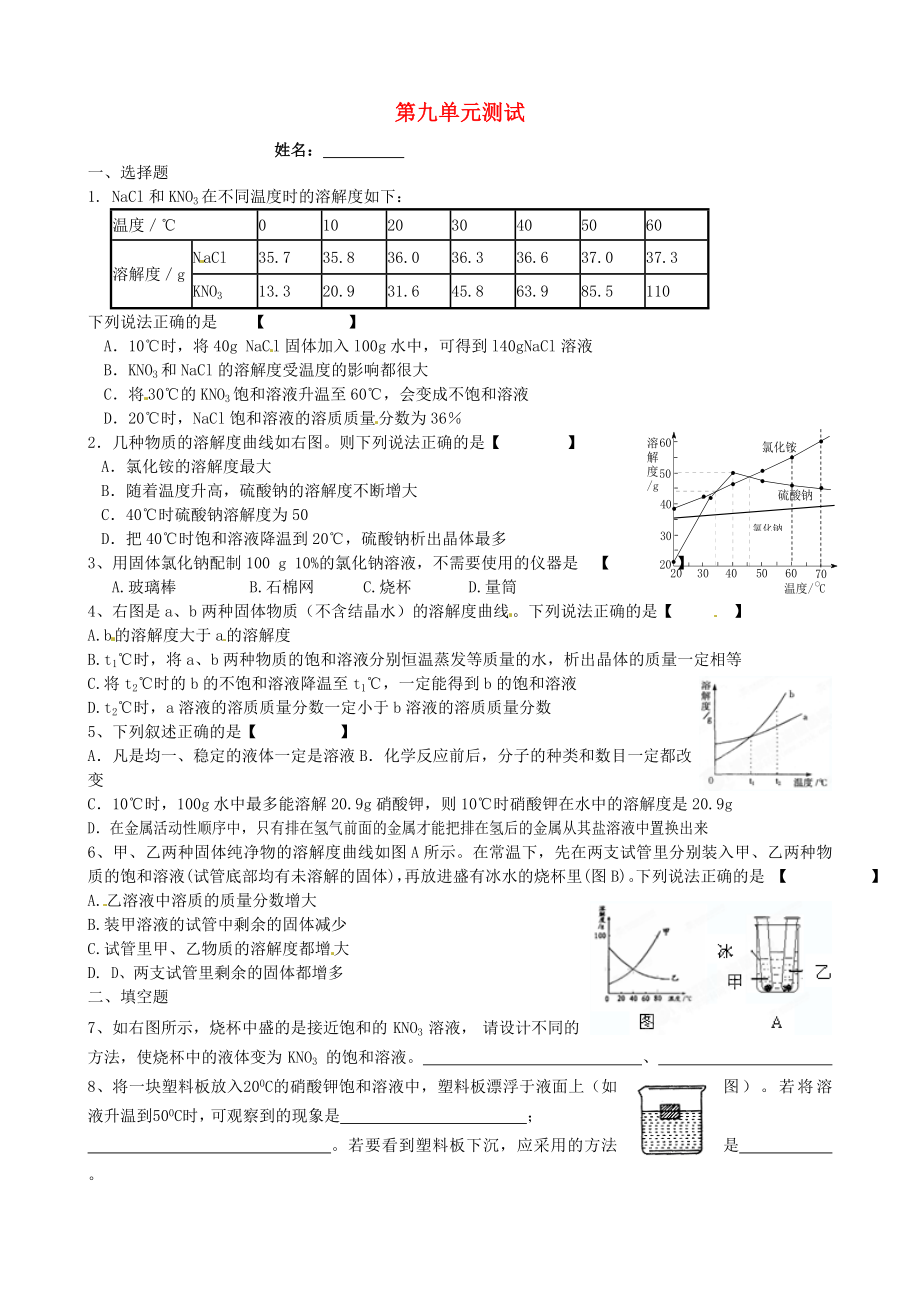 江蘇省南京市溧水縣孔鎮(zhèn)中學(xué)九年級(jí)化學(xué)下冊(cè) 第九單元《溶液》單元測(cè)試題（無(wú)答案） 新人教版（通用）_第1頁(yè)