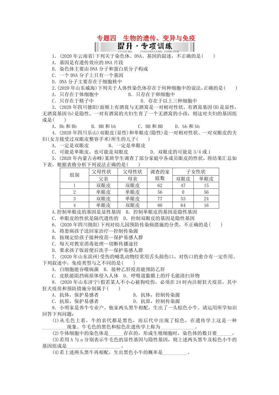 【南方新中考】（南粵專用）2020中考生物 第二部分 專題訓(xùn)練 高頻考題 專題四 生物的遺傳、變異與免疫檢測復(fù)習(xí)_第1頁