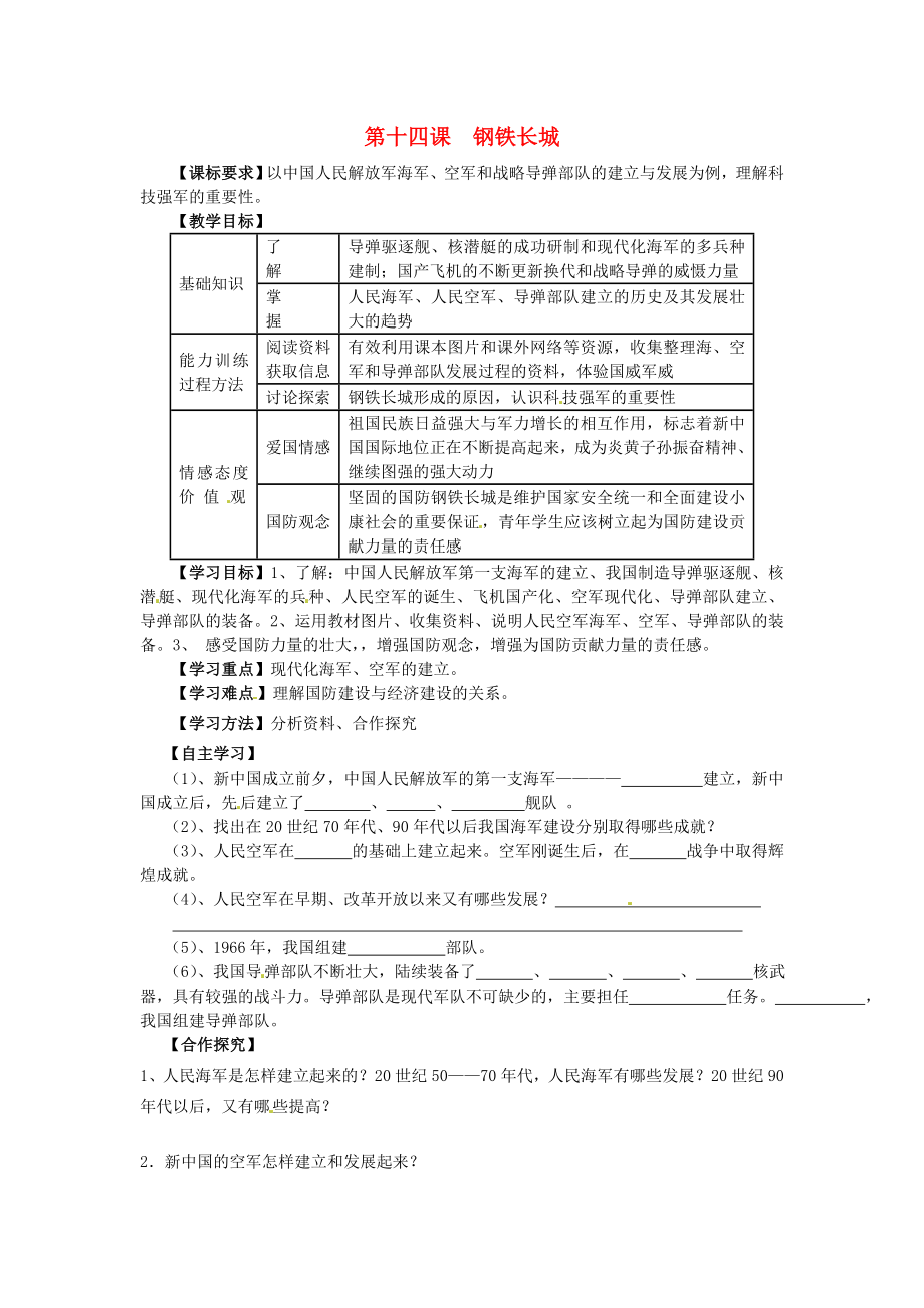 江蘇省羊尖高級中學(xué)初中部八年級歷史下冊 第十四課 鋼鐵長城導(dǎo)學(xué)案（無答案） 新人教版_第1頁