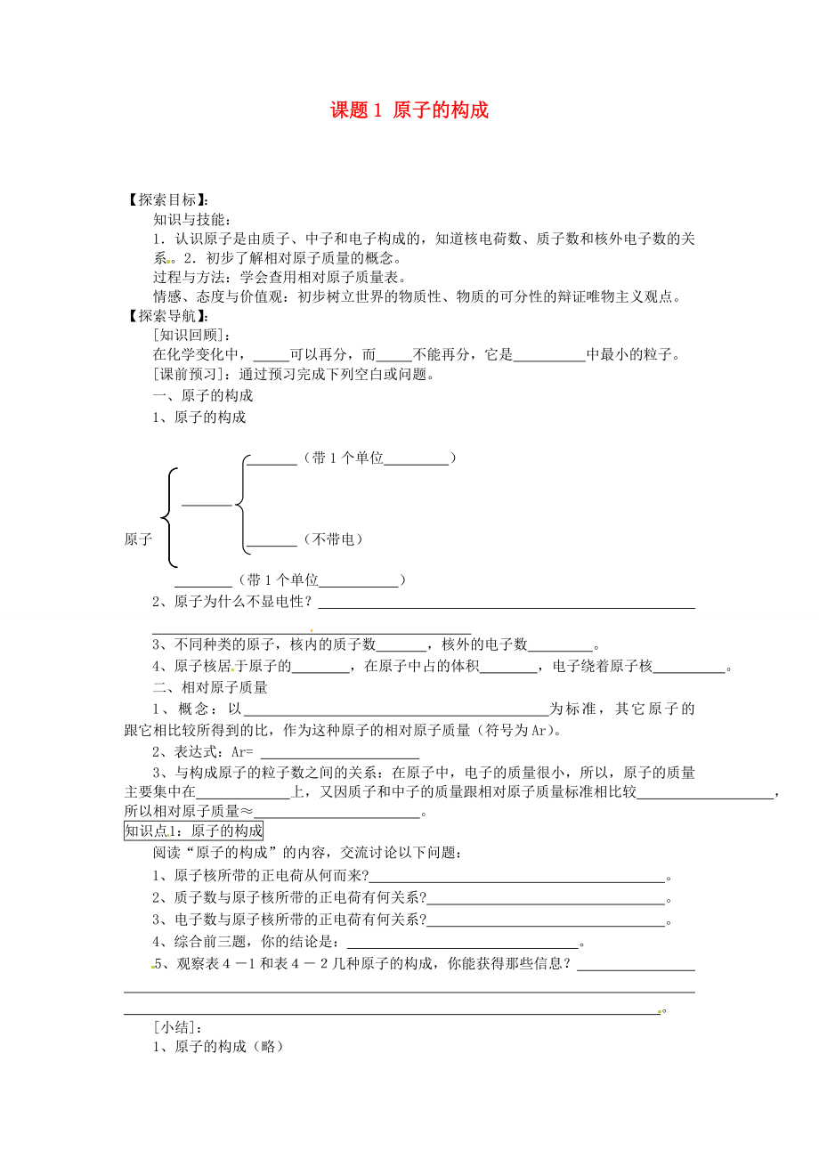 湖北省房縣七河中學(xué)九年級化學(xué)上冊 第四單元 物質(zhì)構(gòu)成的奧秘 課題1 原子的構(gòu)成導(dǎo)學(xué)案（無答案） 新人教版_第1頁