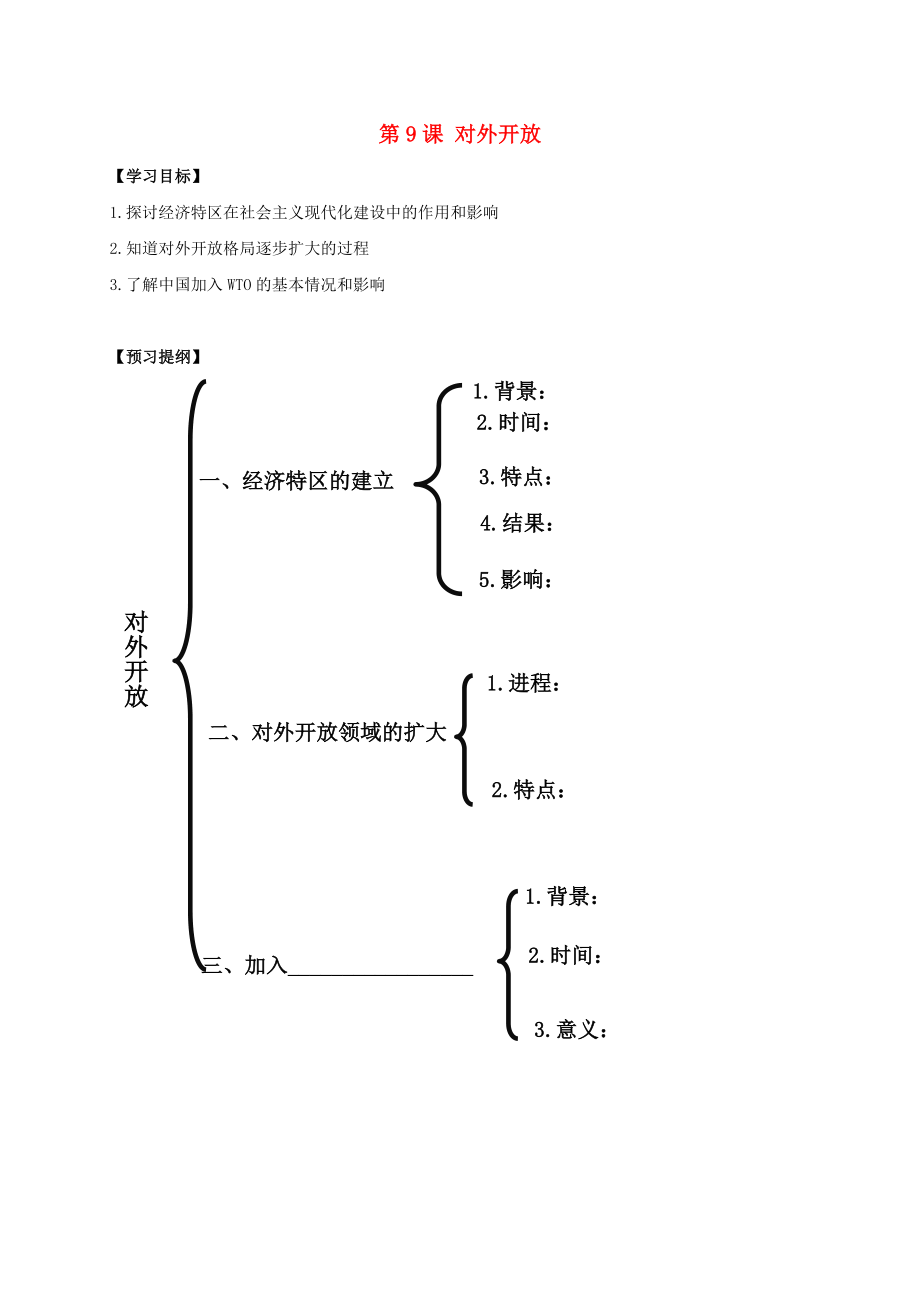 江蘇省南通市如皋市白蒲鎮(zhèn)八年級歷史下冊 第3單元 中國特色社會主義道路 第9課 對外開放提綱 新人教版（通用）_第1頁