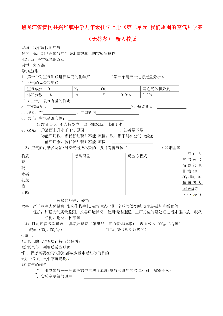 黑龍江省青岡縣興華鎮(zhèn)中學(xué)九年級(jí)化學(xué)上冊(cè)《第二單元 我們周圍的空氣》學(xué)案（無(wú)答案） 新人教版_第1頁(yè)