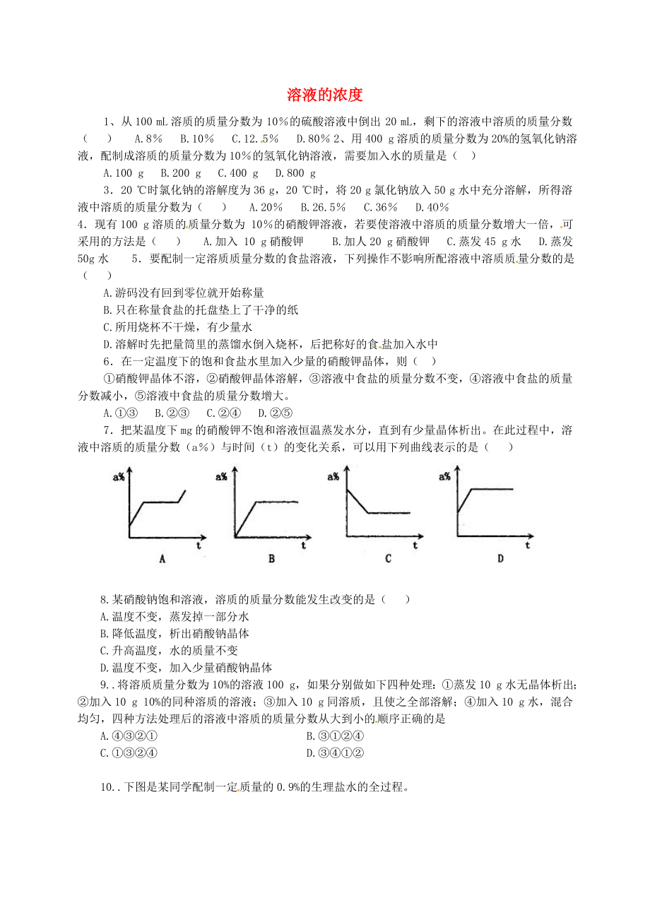 江蘇省南通市實(shí)驗(yàn)中學(xué)九年級化學(xué)下冊《第九單元 課題3 溶液的濃度》同步測試（無答案）（新版）新人教版_第1頁