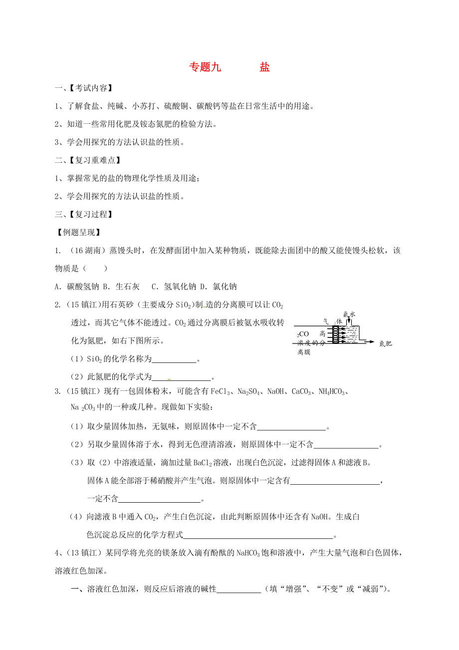 江蘇省句容市2020屆中考化學(xué)一輪復(fù)習(xí) 專題匯編 專題9 鹽（無答案）_第1頁