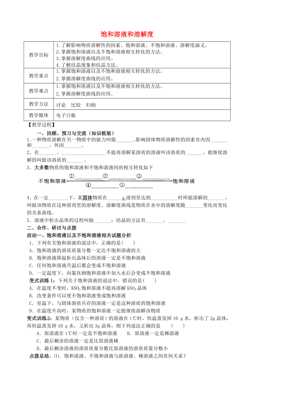 江蘇省高郵市車邏鎮(zhèn)初級中學(xué)2020屆中考化學(xué)一輪復(fù)習(xí)12《飽和溶液和溶解度》教案_第1頁