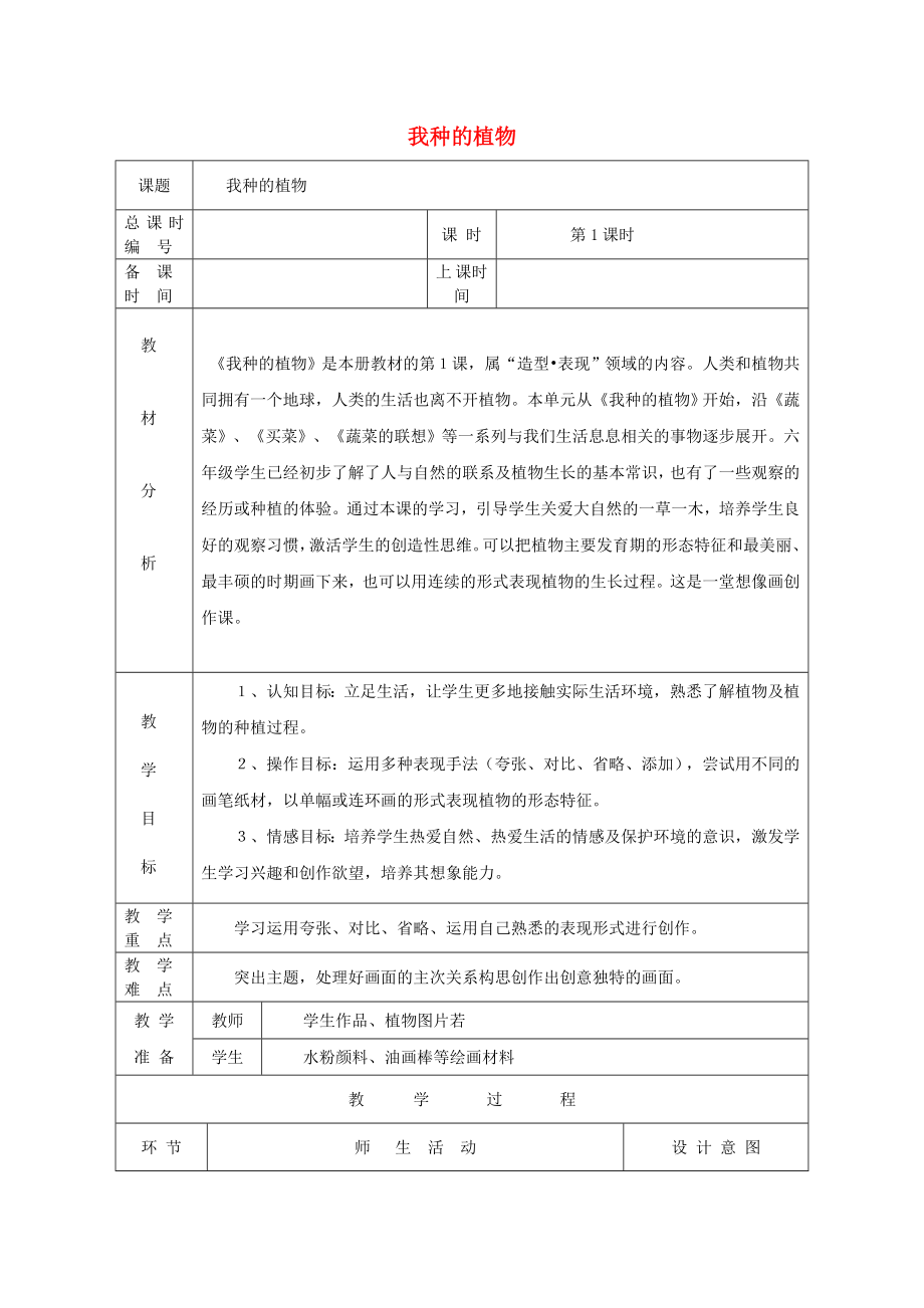 六年級(jí)美術(shù)上冊(cè) 我種的植物教案設(shè)計(jì) 蘇少版_第1頁(yè)