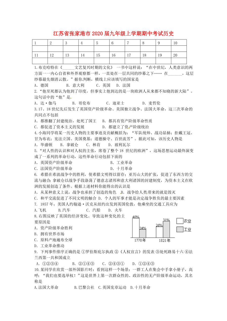 江苏省张家港市2020届九年级历史上学期期中考试题_第1页