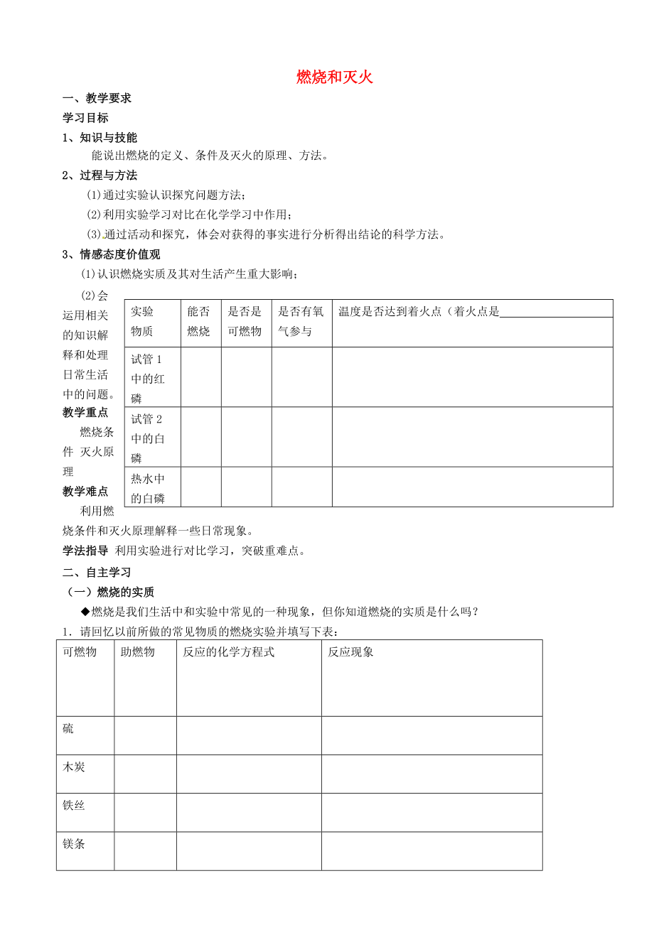 重慶市璧山縣青杠初級中學(xué)校九年級化學(xué)上冊 第七單元 課題1 燃燒和滅火（第2課時）（無答案）（新版）新人教版_第1頁