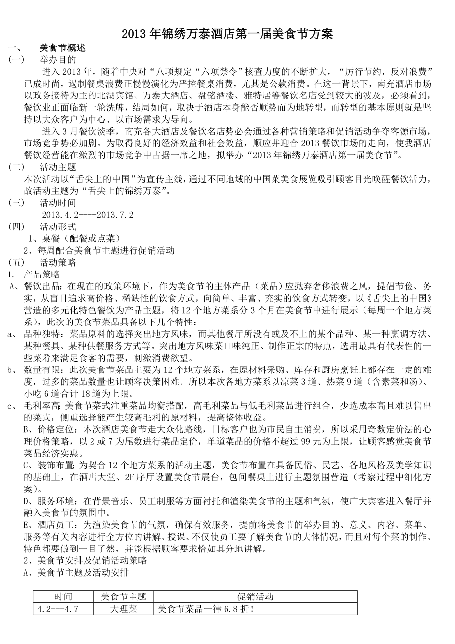 2013年锦绣万泰酒店第一届美食节方案_第1页