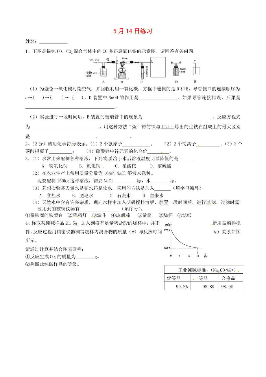 江蘇省南京市溧水縣孔鎮(zhèn)中學(xué)九年級化學(xué)下冊 5月14日練習(xí)（無答案） 新人教版（通用）_第1頁