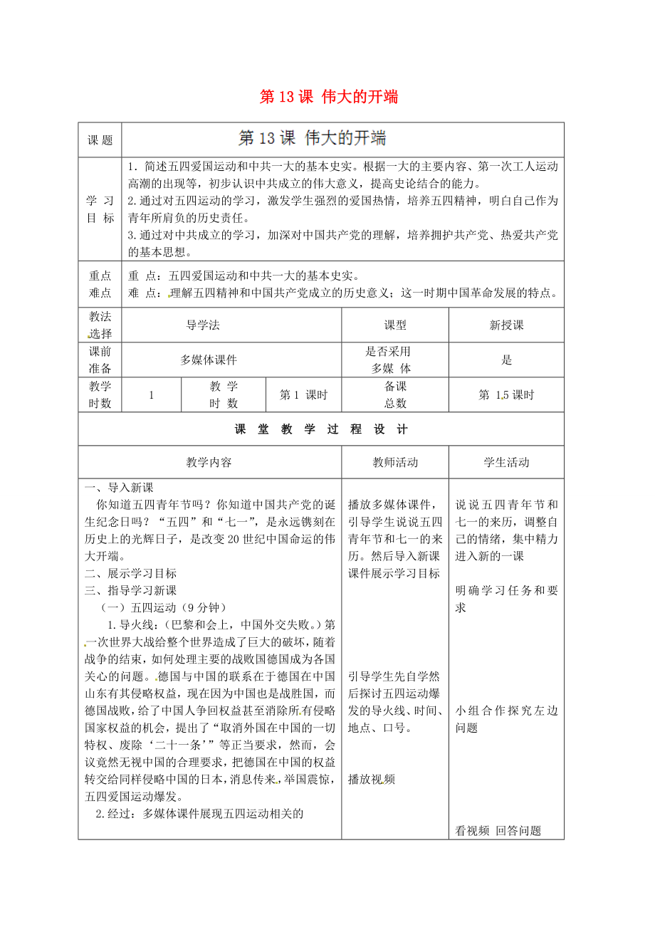 甘肅省酒泉市瓜州縣第二中學(xué)八年級(jí)歷史上冊(cè) 第三單元 第13課 偉大的開(kāi)端教學(xué)案（無(wú)答案） 北師大版_第1頁(yè)