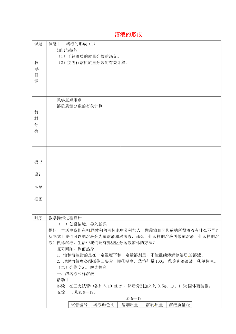 湖南省長沙市雨花區(qū)井灣子中學(xué)九年級化學(xué)下冊 9.1 溶液的形成教案 （新版）新人教版_第1頁