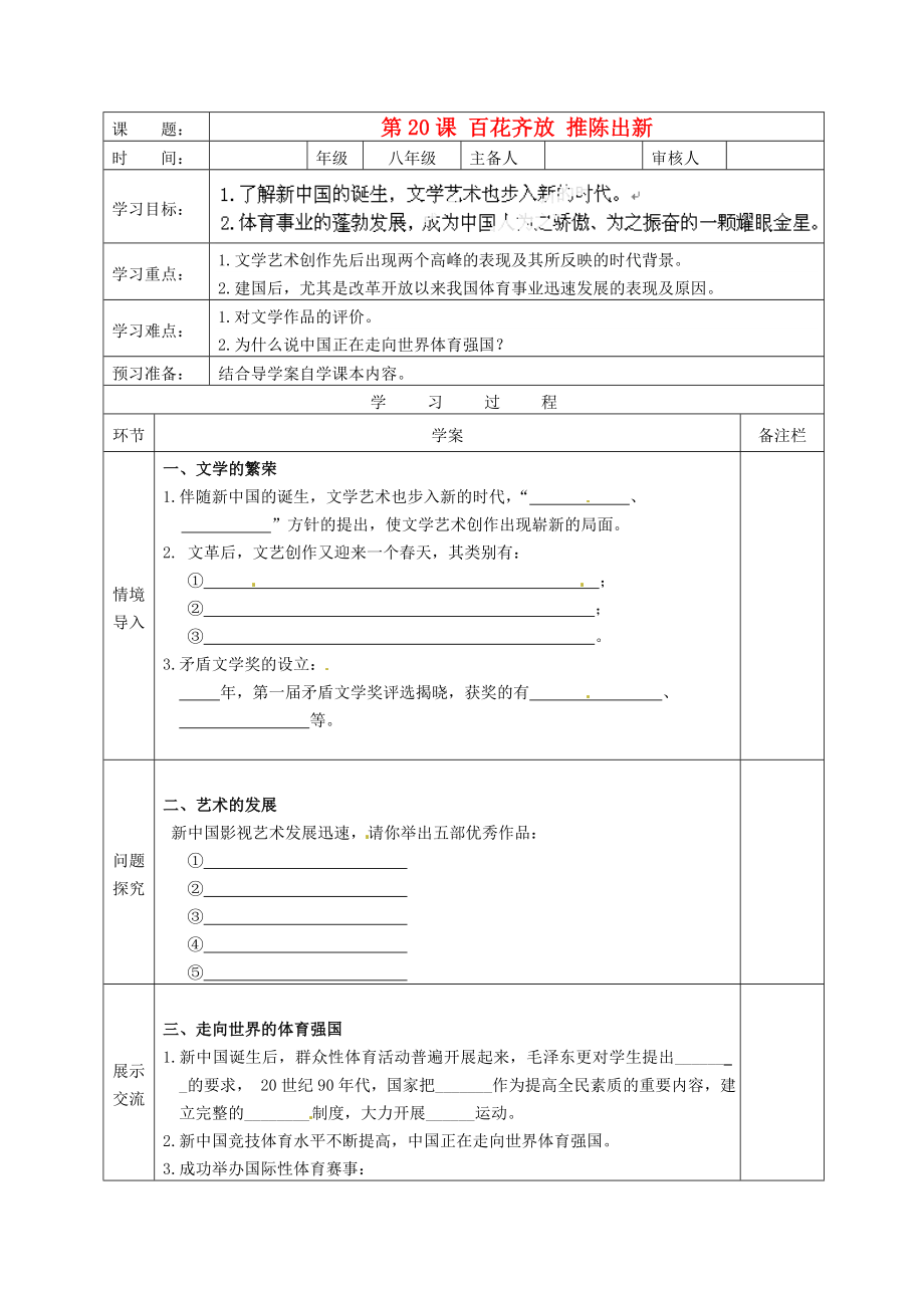 湖北省武漢為明實(shí)驗(yàn)學(xué)校八年級歷史下冊 第20課《百花齊放 推陳出新》學(xué)案（無答案） 魯教版_第1頁