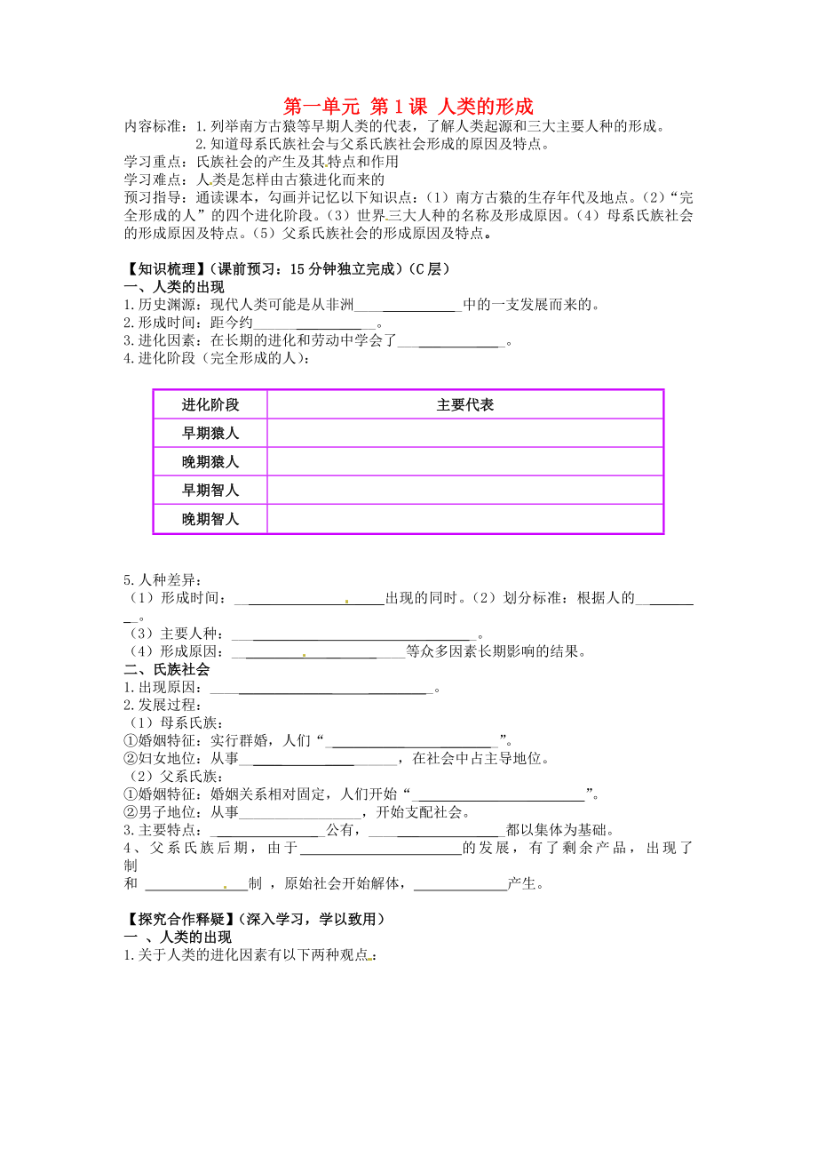 海南省海口市第十四中學(xué)九年級(jí)歷史上冊(cè) 第一單元 第1課 人類的形成導(dǎo)學(xué)案（無(wú)答案） 新人教版_第1頁(yè)