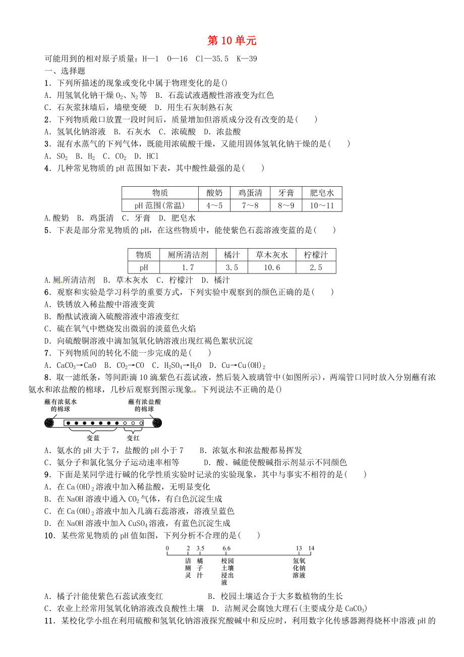 河北省石家莊創(chuàng)新國(guó)際學(xué)校九年級(jí)化學(xué)下冊(cè) 第10單元 綜合測(cè)試題（無(wú)答案） 新人教版_第1頁(yè)