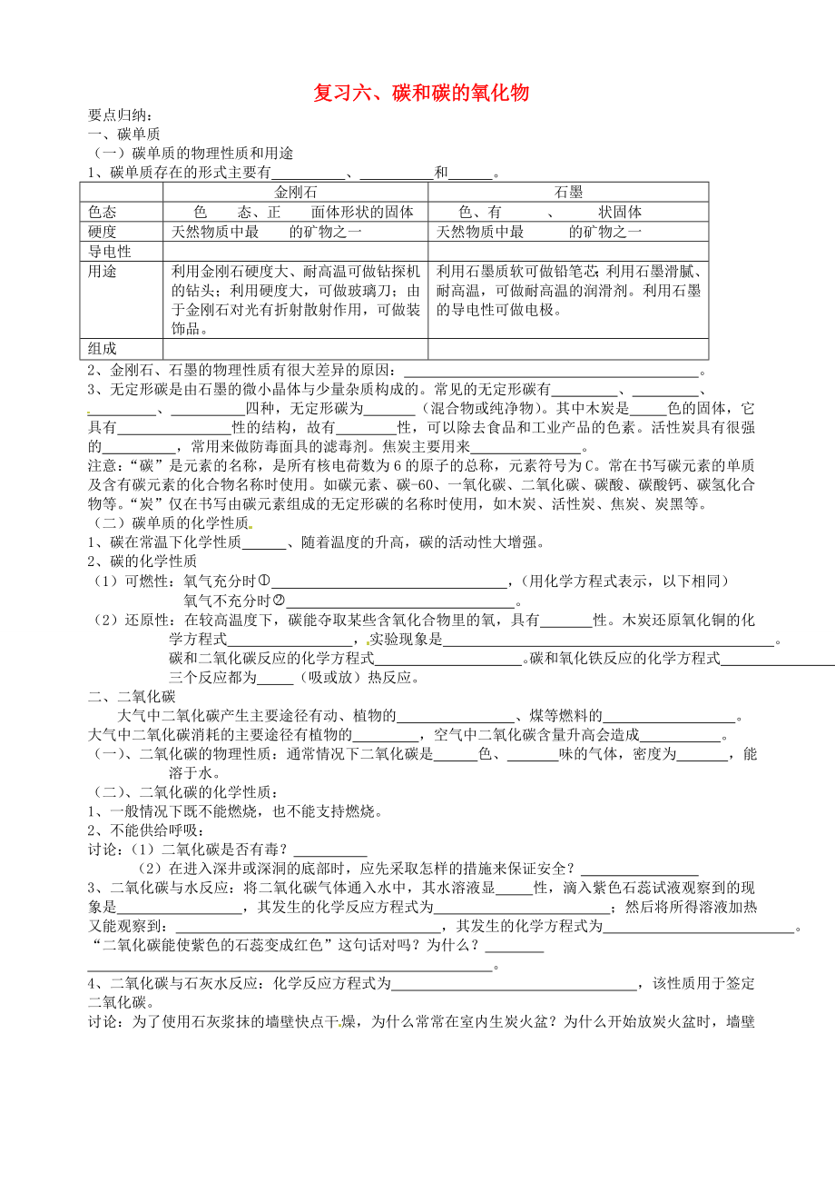 湖北省襄陽市第四十七中學(xué)2020屆中考化學(xué)單元復(fù)習(xí) 九年級上冊 第六單元 碳和碳的氧化物（無答案） 人教新課標(biāo)版_第1頁