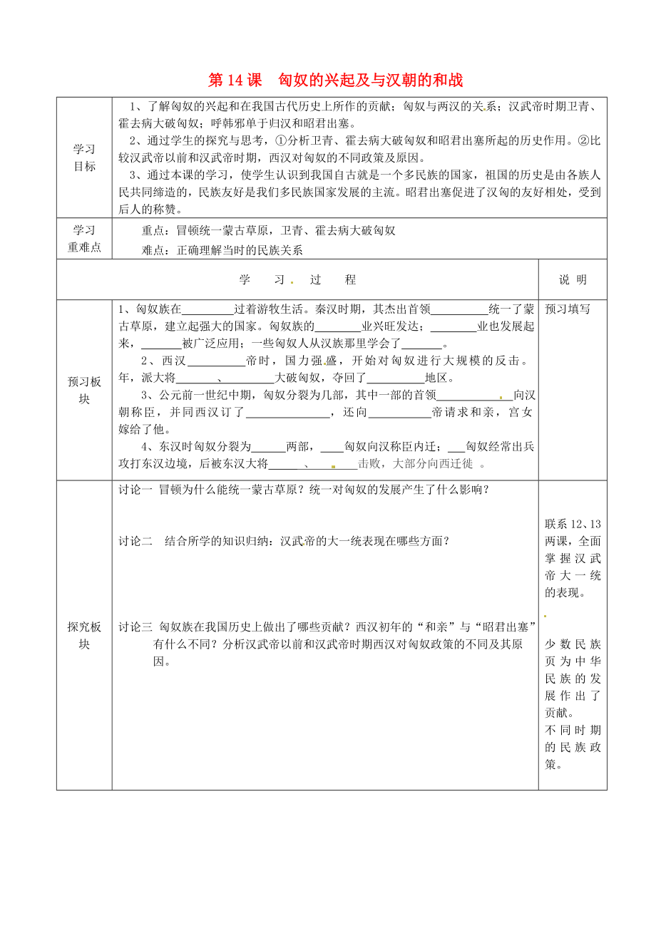 江苏省徐州市中小学教学研究室七年级历史上册 第14课 匈奴的兴起及与汉朝的和战导学案（无答案） 新人教版_第1页