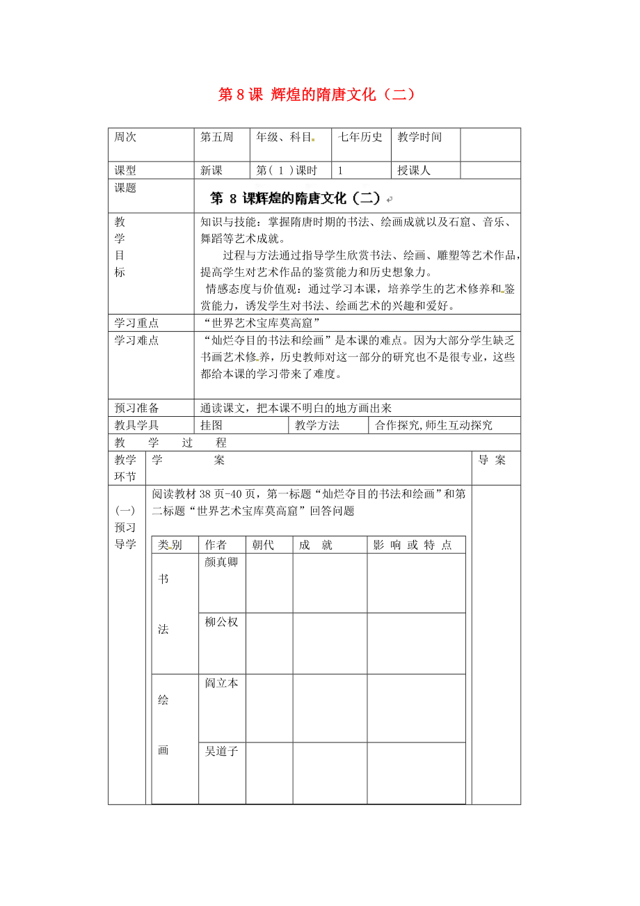 遼寧省遼陽(yáng)市第九中學(xué)七年級(jí)歷史下冊(cè) 第8課 輝煌的隋唐文化（二）導(dǎo)學(xué)案（無(wú)答案） 新人教版_第1頁(yè)