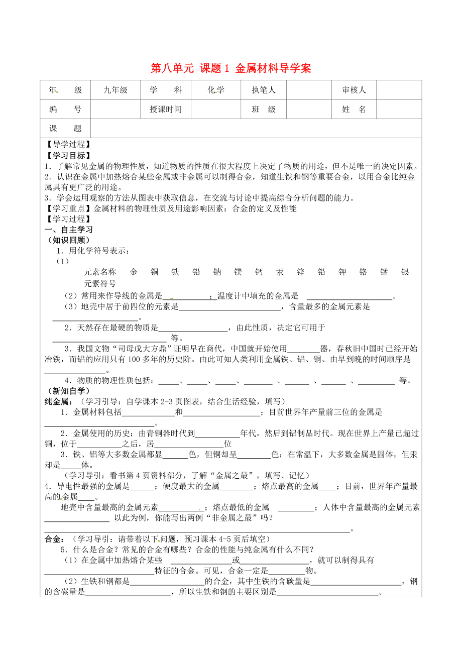 江苏省连云港市灌云县四队中学九年级化学下册 第八单元 课题1 金属材料导学案（无答案） 新人教版（通用）_第1页