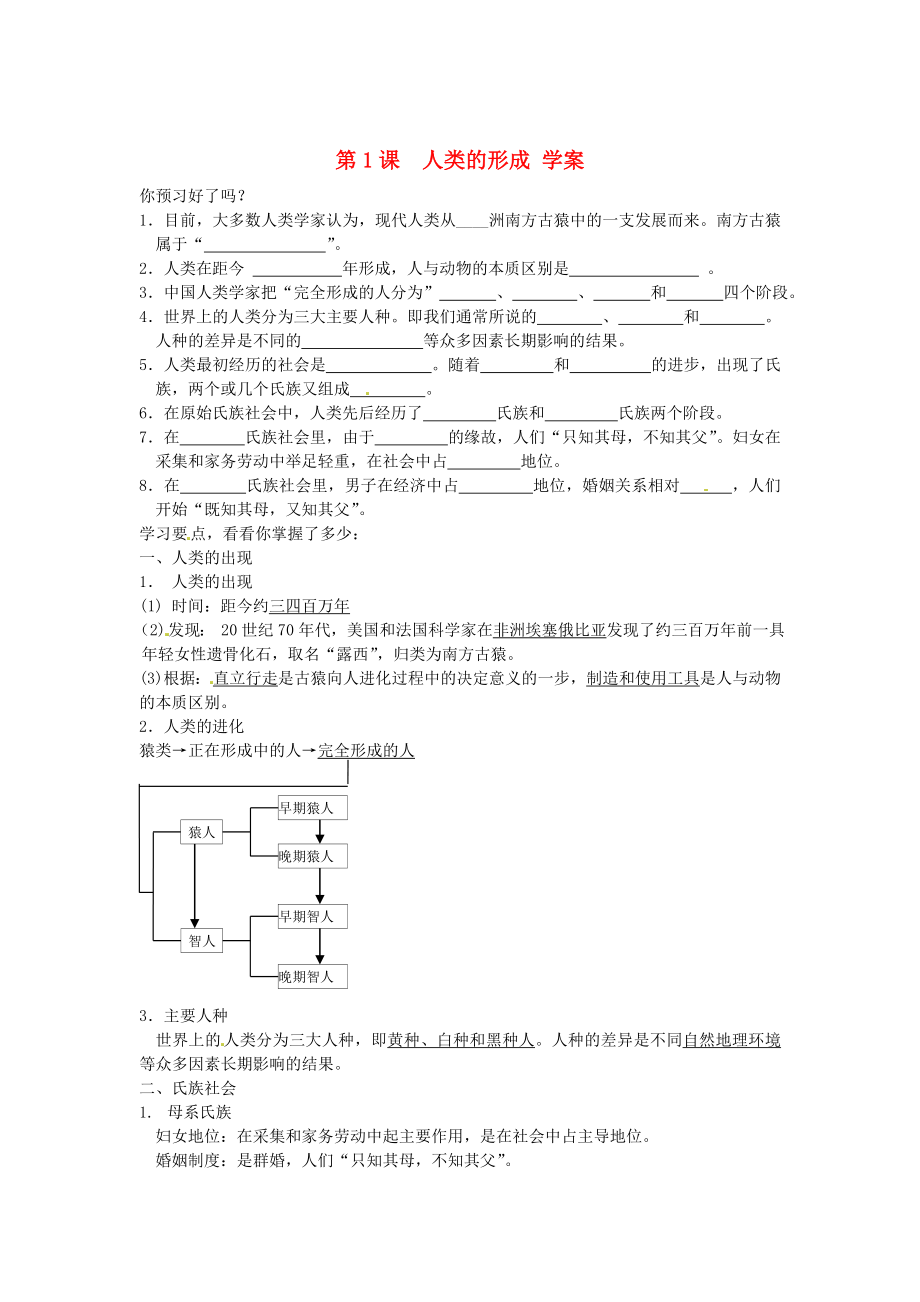 江蘇省南京市谷里初級(jí)中學(xué)九年級(jí)歷史 第一單元《第一課人類(lèi)的形成》學(xué)案 2（無(wú)答案）_第1頁(yè)