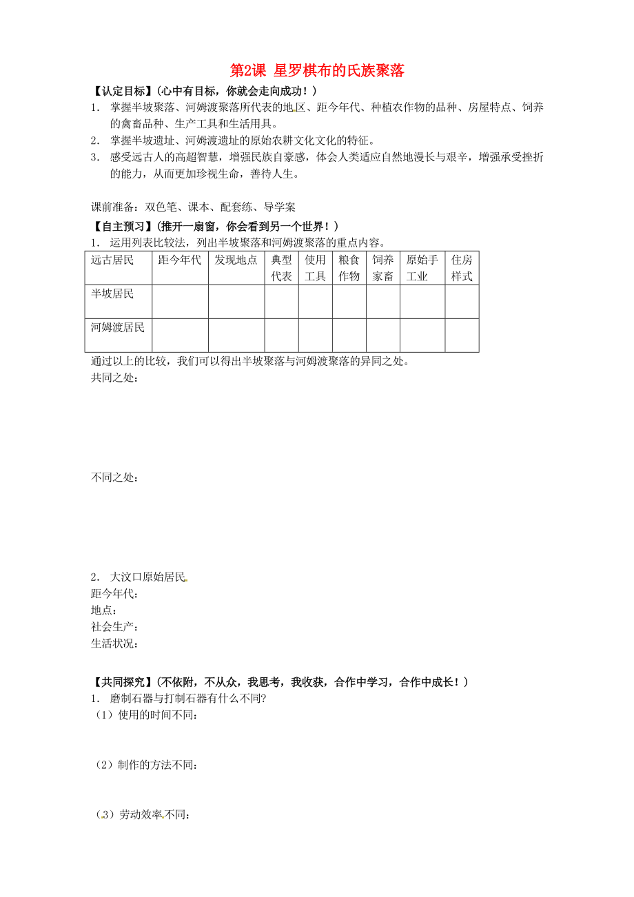 甘肅省玉門市花海中學(xué)七年級(jí)歷史上冊(cè) 第2課 星羅棋布的氏族聚落導(dǎo)學(xué)案（無(wú)答案） 北師大版_第1頁(yè)