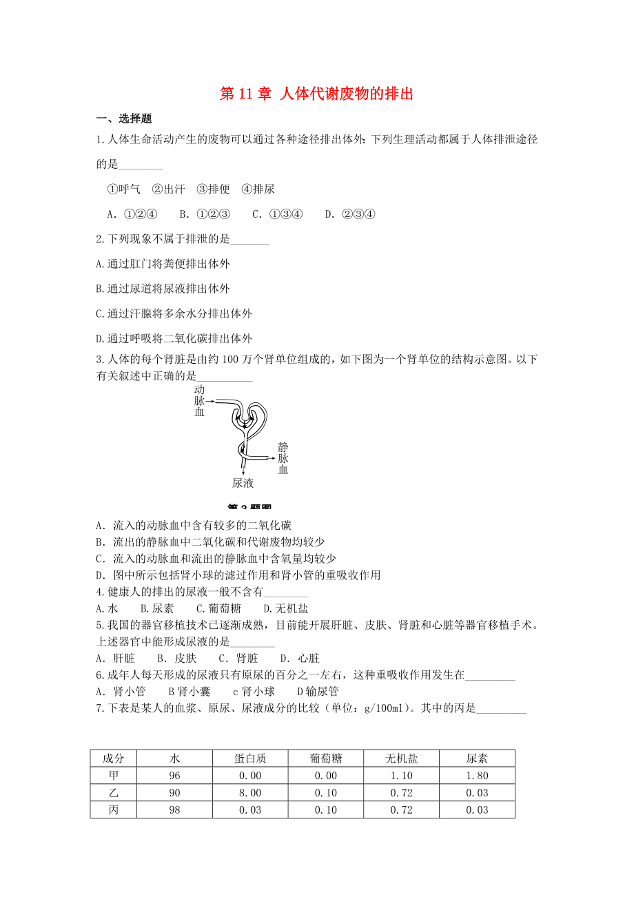 2020年春七年級生物下冊 第11章《人體廢物的排出》同步測試（無答案）（新版）北師大版_第1頁