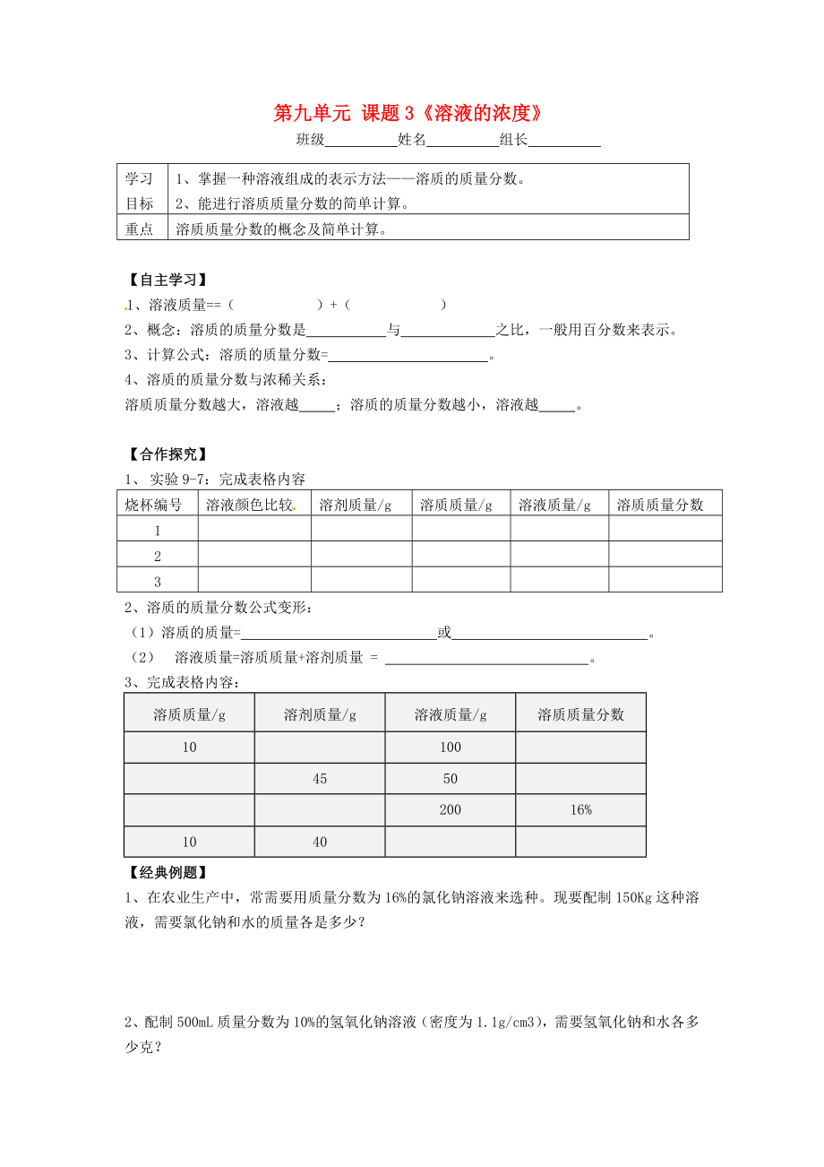 湖南省株洲縣祿口鎮(zhèn)中學九年級化學下冊《第九單元 課題3 溶液的濃度》學案1（無答案）（新版）新人教版_第1頁