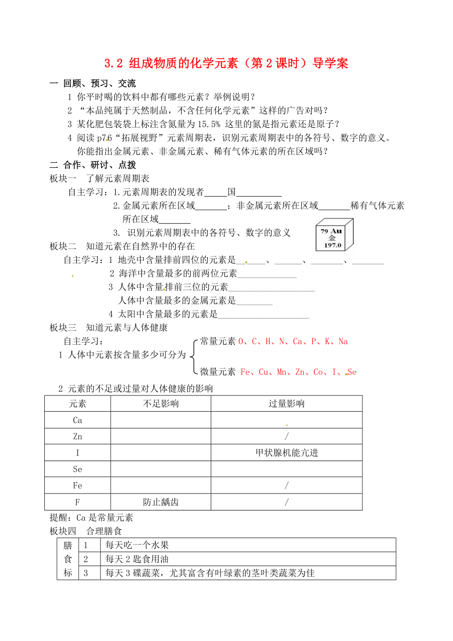 江蘇省高郵市車邏初級中學九年級化學全冊 3.2 組成物質的化學元素（第2課時）導學案（無答案） 滬教版_第1頁