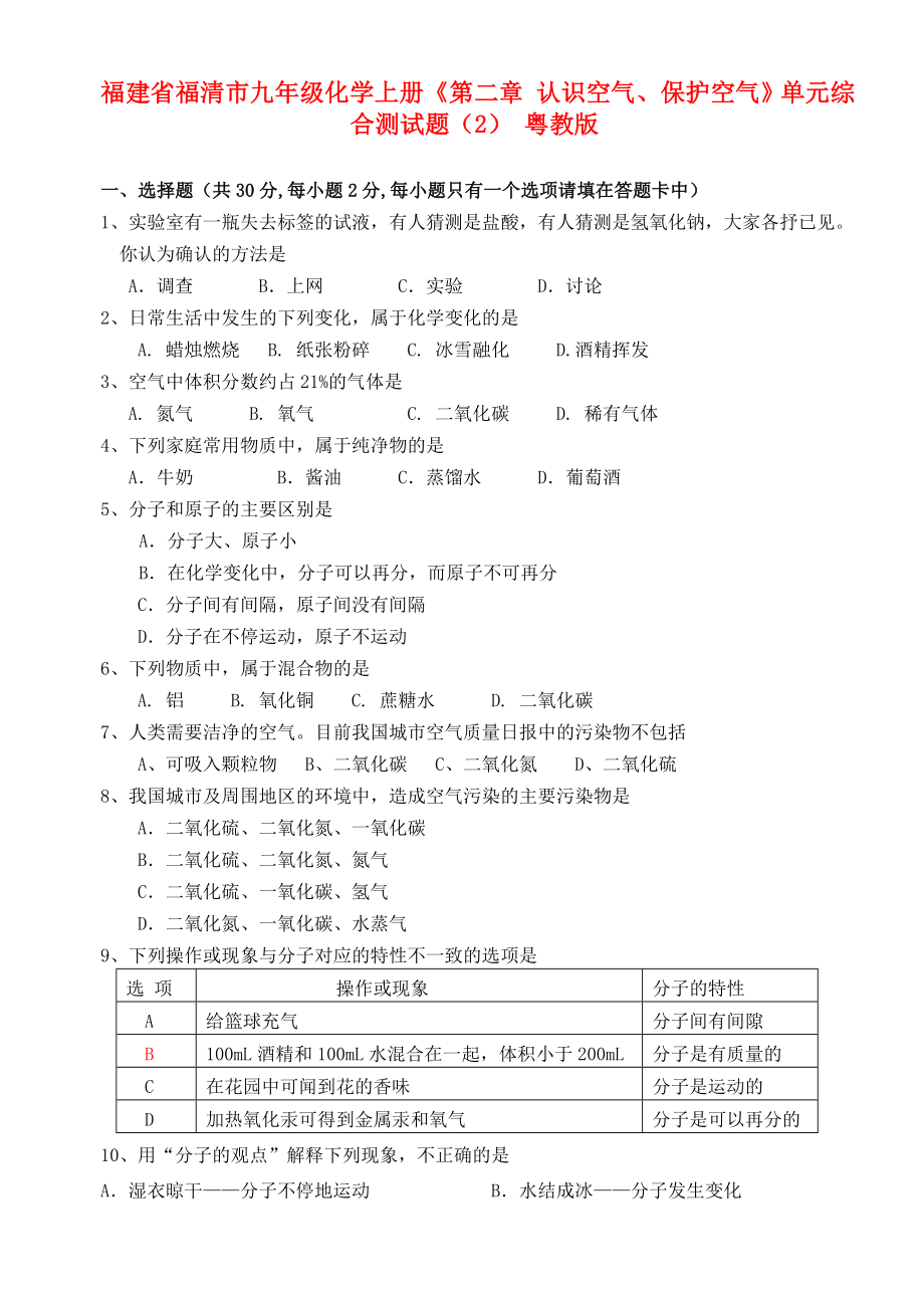 福建省福清市九年級化學上冊《第二章 認識空氣、保護空氣》單元綜合測試題（2）（無答案） 粵教版（通用）_第1頁