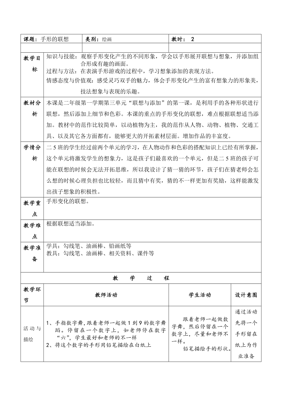 二年級上冊美術(shù)教案第6課 手形的聯(lián)想｜滬教版(1)_第1頁