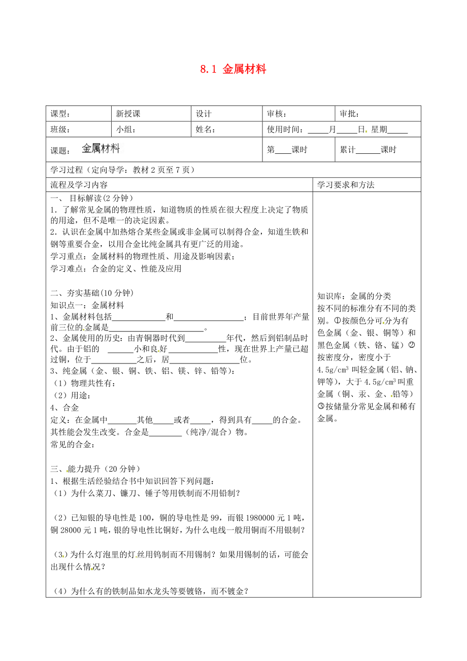 湖南省望城縣金海雙語實(shí)驗(yàn)學(xué)校九年級化學(xué)下冊 8.1 金屬材料導(dǎo)學(xué)案（無答案） （新版）新人教版_第1頁