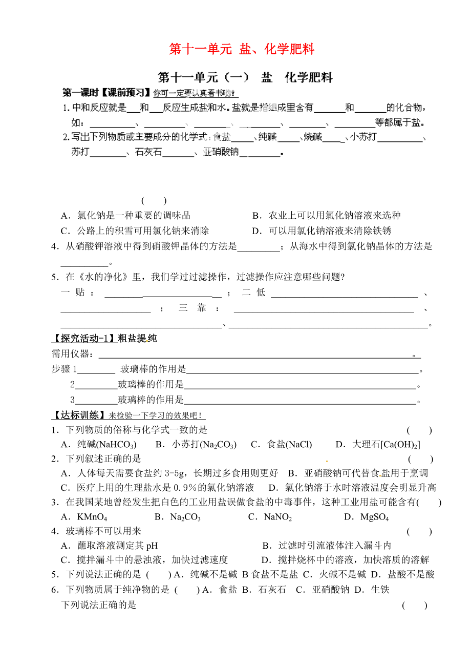 江蘇省宜興市培源中學(xué)九年級化學(xué)下冊 第十一單元 鹽、化學(xué)肥料（第一課時）導(dǎo)學(xué)案（無答案） 新人教版_第1頁