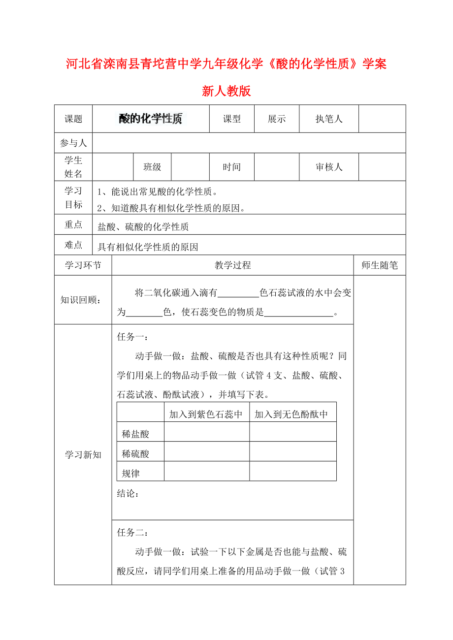 河北省灤南縣青坨營中學(xué)九年級化學(xué)《酸的化學(xué)性質(zhì)》學(xué)案（無答案） 新人教版_第1頁