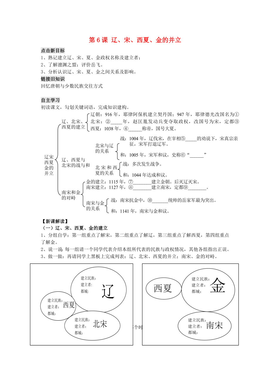 江蘇省銅山區(qū)清華中學(xué)七年級歷史下冊 第6課 遼、宋、西夏、金的并立學(xué)案（無答案） 川教版_第1頁