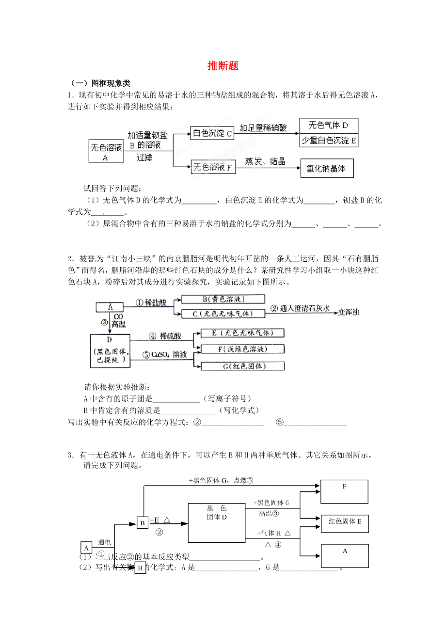 江蘇省射陽(yáng)縣特庸初級(jí)中學(xué)2020年中考化學(xué)真題演練7 推斷題（無(wú)答案）_第1頁(yè)