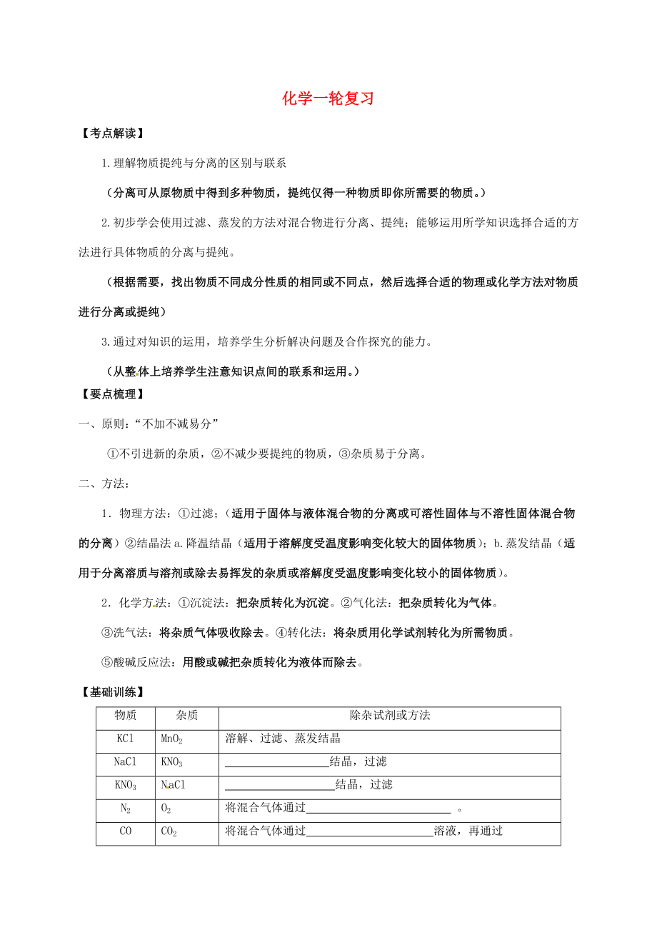 江蘇省鹽城市濱海縣2020屆中考化學(xué)一輪復(fù)習(xí) 分離和提純導(dǎo)學(xué)案（無答案）_第1頁