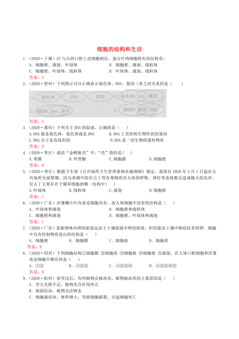 2020年中考生物試題分類集之二 細胞的結(jié)構(gòu)和生活_第1頁