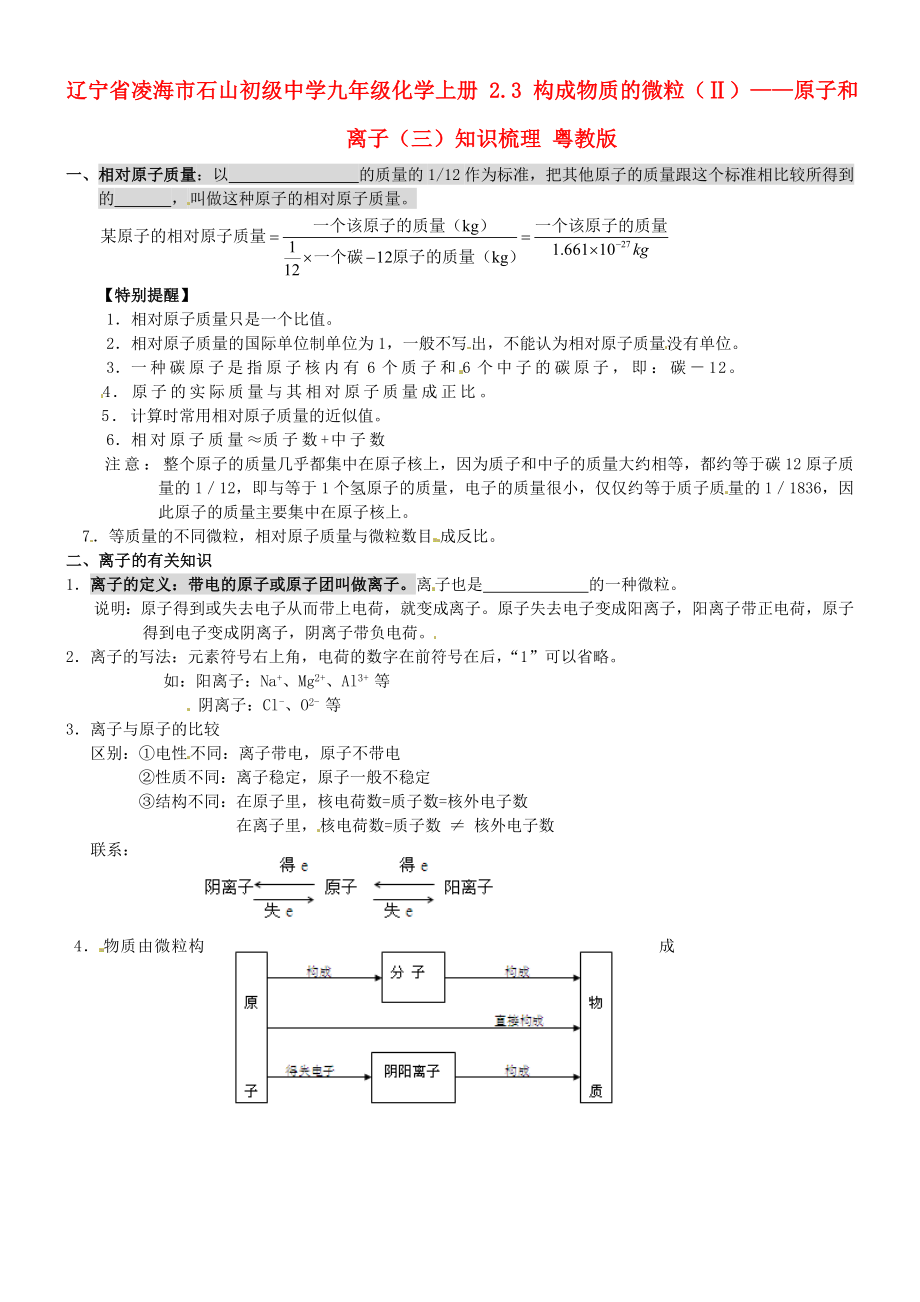 遼寧省凌海市石山初級中學(xué)九年級化學(xué)上冊 2.3 構(gòu)成物質(zhì)的微粒（Ⅱ）——原子和離子（三）知識梳理（無答案） 粵教版_第1頁