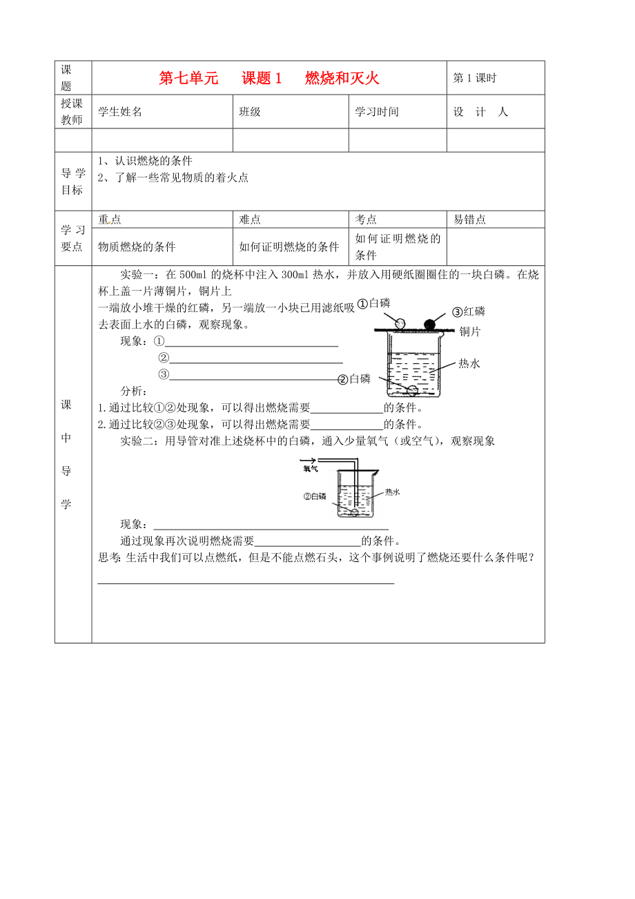 湖北省武漢市陸家街中學(xué)九年級化學(xué)下冊 07第七單元 課題1 燃燒和滅火導(dǎo)學(xué)案（無答案） 新人教版_第1頁