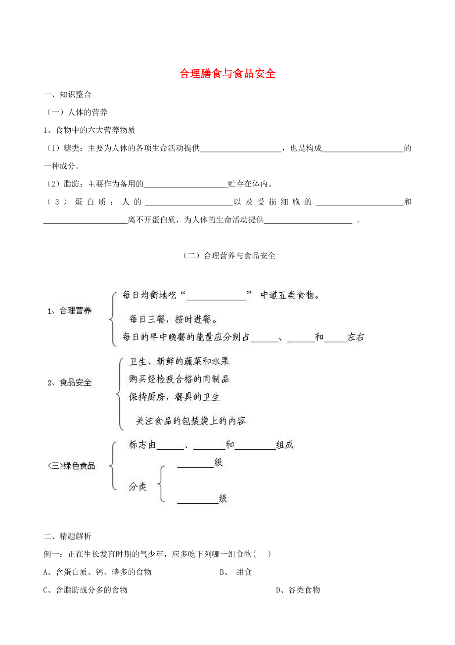 2020年春七年級生物下冊《第三單元 第一章 第三節(jié) 合理膳食與食品安全》專題復(fù)習(xí) 濟(jì)南版_第1頁