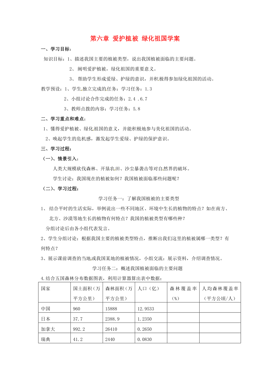 2020年秋七年级生物上册《第三单元 第六章 爱护植被,绿化祖国》学案2（无答案） 人教新课标版_第1页